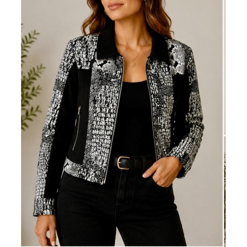 Surya Womens Sequin Animal Print Zip Up Jacket Black White Snakeskin Croc Medium